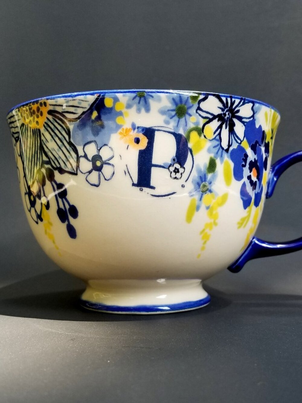 Anthropologie Teatime Monogram P Blue Floral Pedestal Mug